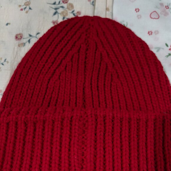 Acne Studios Red Smiley Face Square Logo Knit Hat